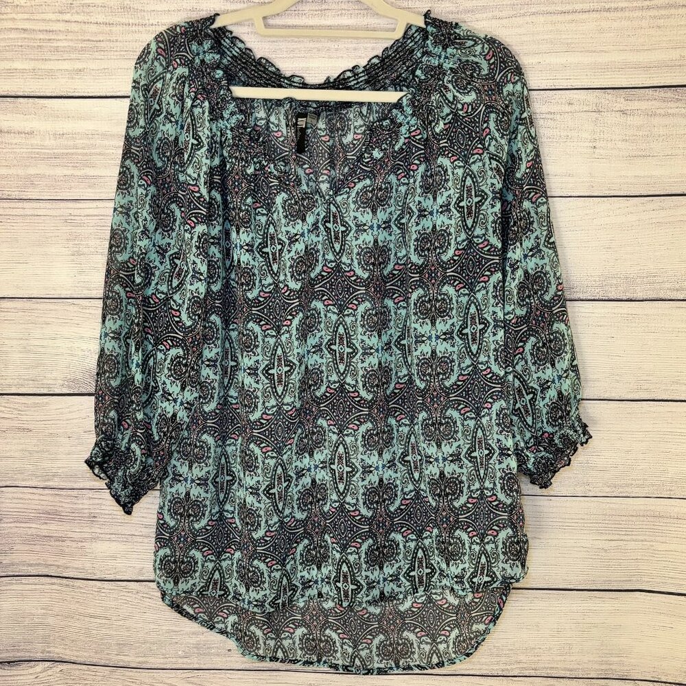 KUT From The Kloth Women L Blue Pink Paisley Off Shoulder Sheer Peasant Top Boho